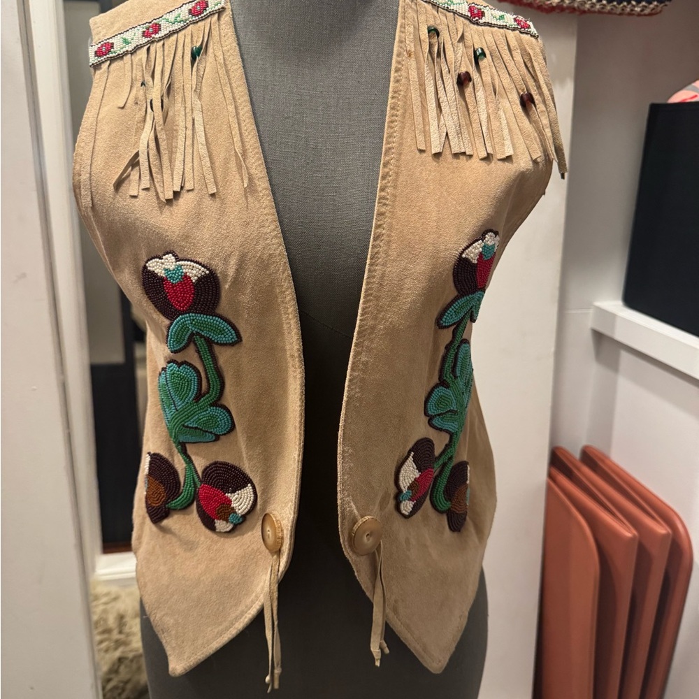 Double D Ranch Tan and Green Suede Vest with Fringe